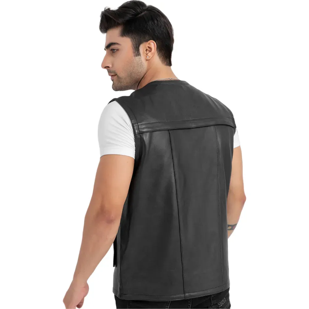 Mens Black Leather Safari Vest