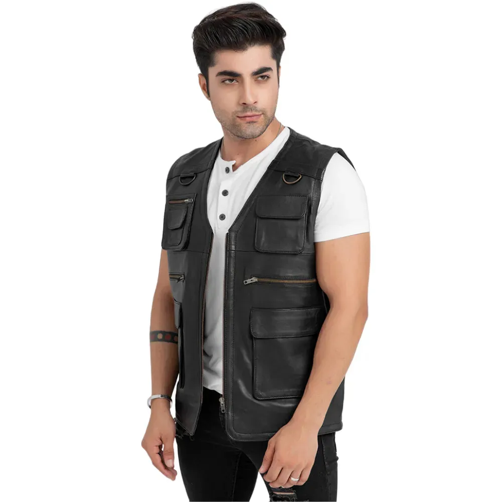 Mens Black Leather Safari Vest