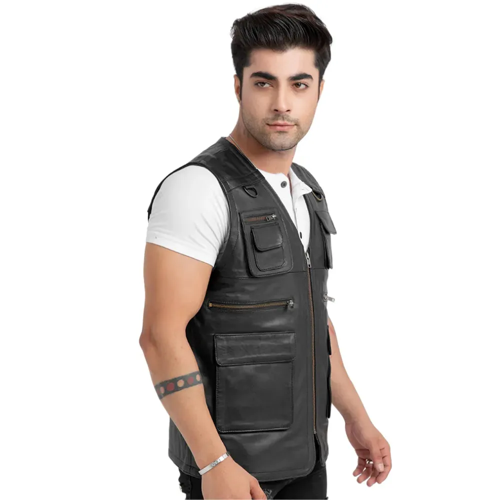 Mens Black Leather Safari Vest