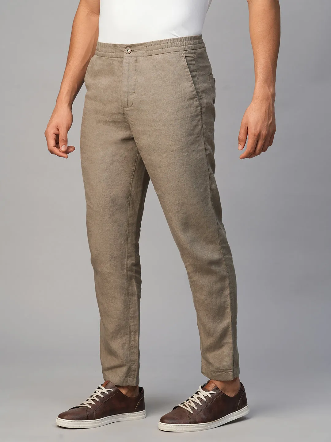 Men's Lt Brown 100% Linen Regular Fit Pant