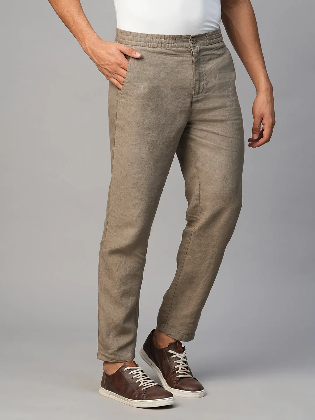 Men's Lt Brown 100% Linen Regular Fit Pant