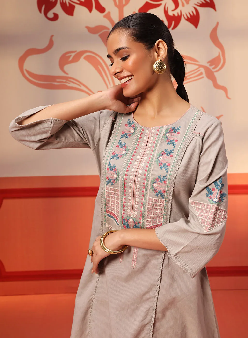 Naaznin Mushroom Grey Embroidered Striped Cotton Top for Women