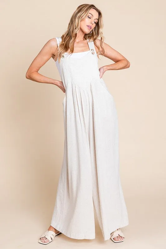 Oatmeal Wide Leg Washed Linen Overalls Jumpsuit