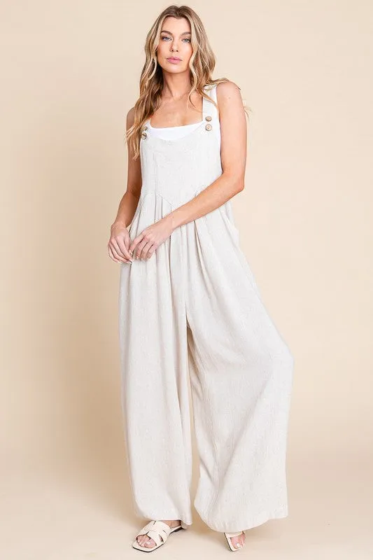 Oatmeal Wide Leg Washed Linen Overalls Jumpsuit