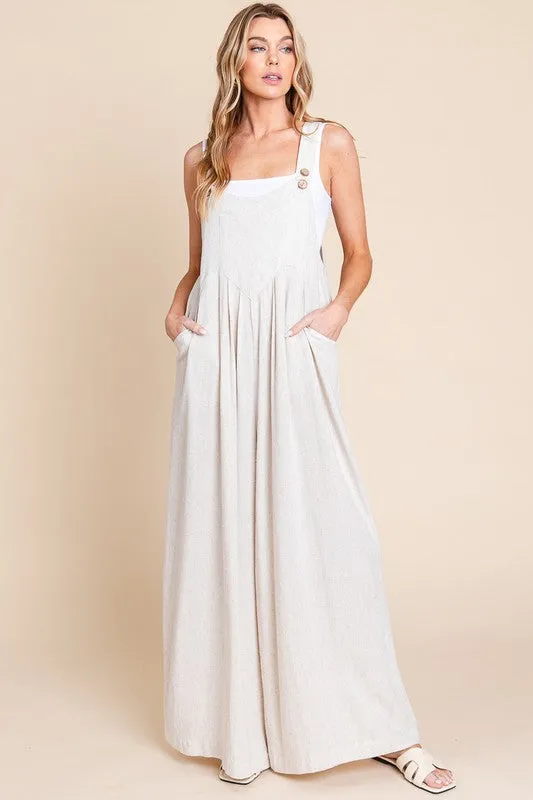 Oatmeal Wide Leg Washed Linen Overalls Jumpsuit