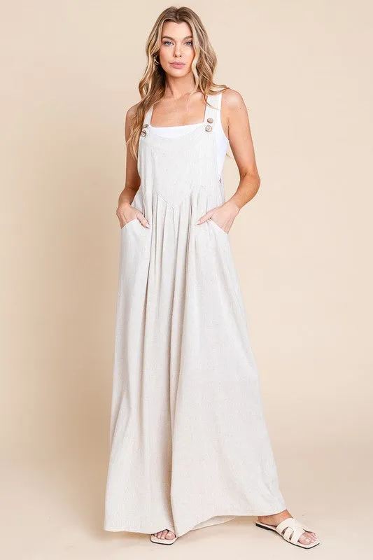 Oatmeal Wide Leg Washed Linen Overalls Jumpsuit