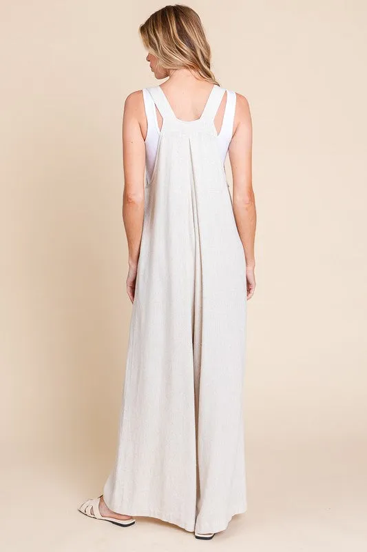 Oatmeal Wide Leg Washed Linen Overalls Jumpsuit