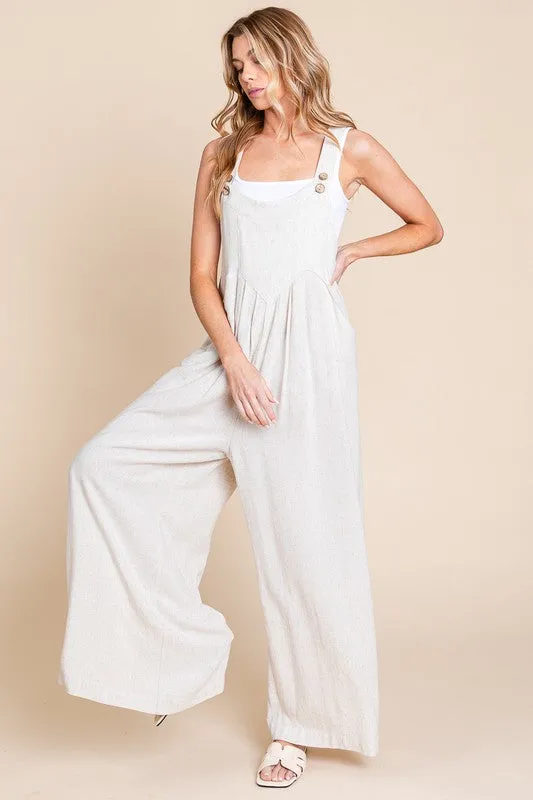 Oatmeal Wide Leg Washed Linen Overalls Jumpsuit