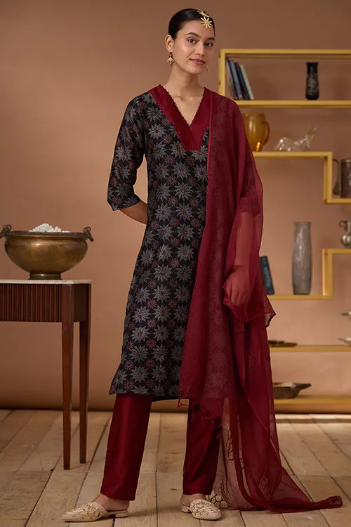 Okhai "Carnelian" Handblock Printed Chanderi Silk Ajrakh Kurta Pant Set