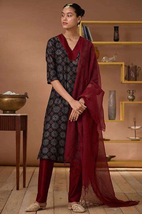 Okhai "Carnelian" Handblock Printed Chanderi Silk Ajrakh Kurta Pant Set