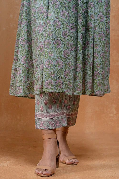 Okhai "Ocean Mist" Hand Embroidered and Mirrorwork Handblock Printed Pure Cotton Kurta Pant Set