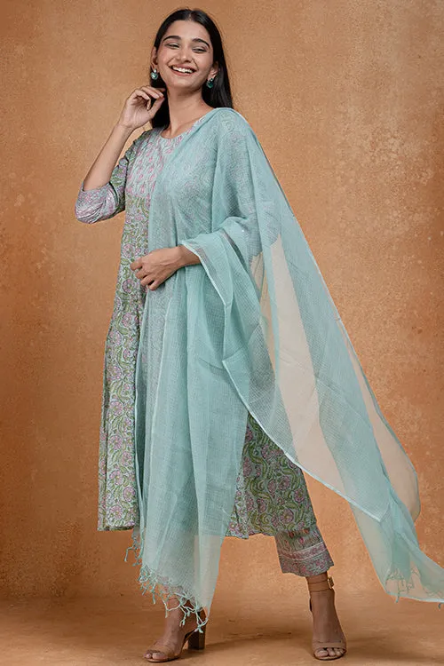 Okhai "Ocean Mist" Hand Embroidered and Mirrorwork Handblock Printed Pure Cotton Kurta Pant Set