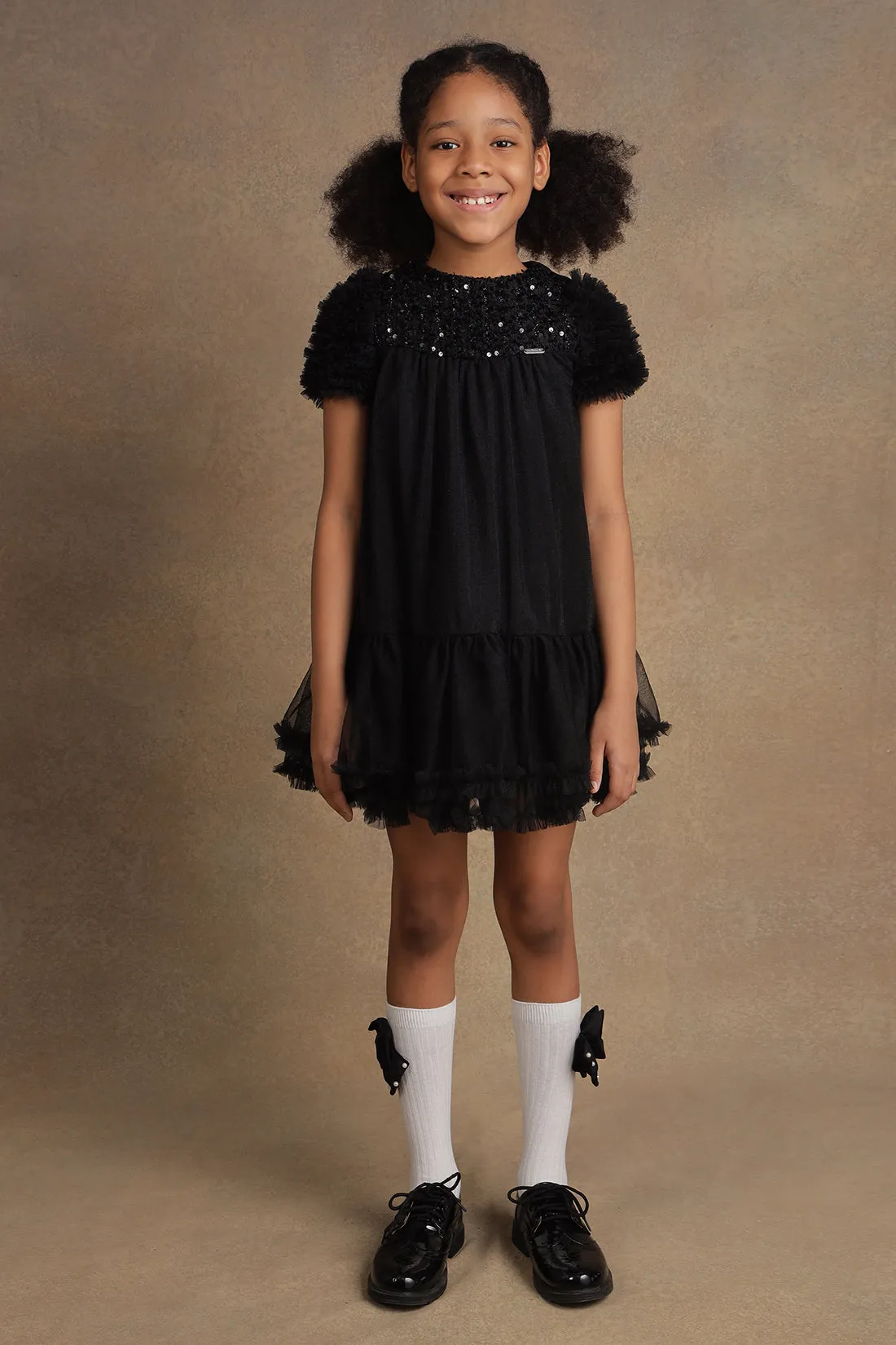 One Friday Kids Girls Black Sequinned Embroidered Dress