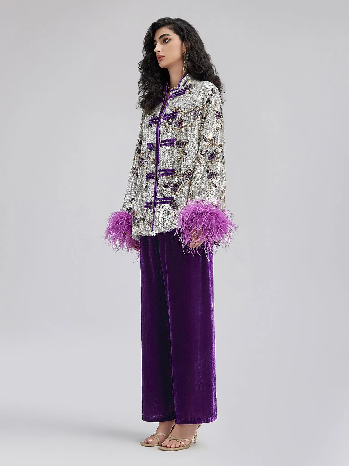 Oriental-Inspired Sequin Removable Feather Jacket