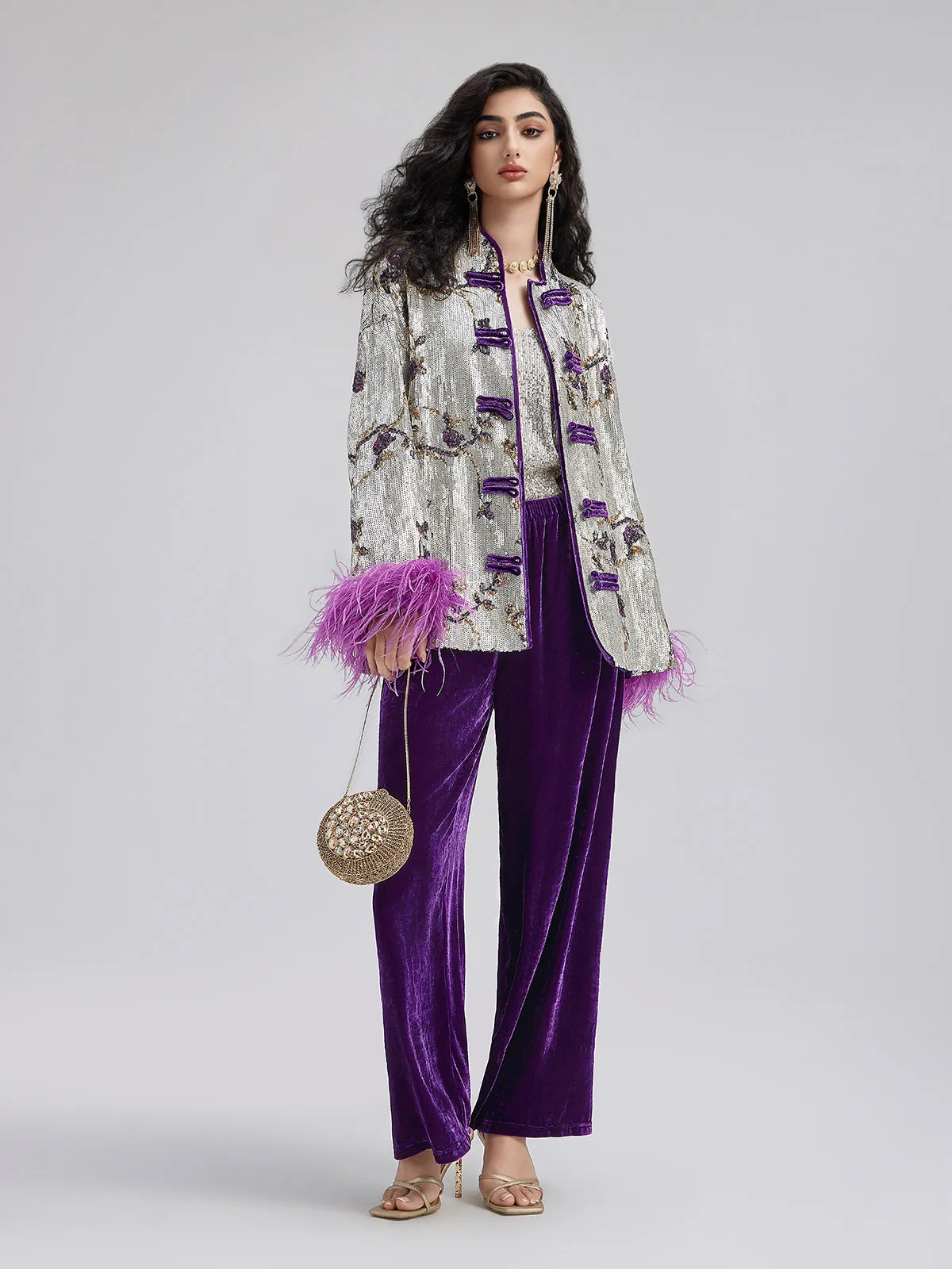 Oriental-Inspired Sequin Removable Feather Jacket