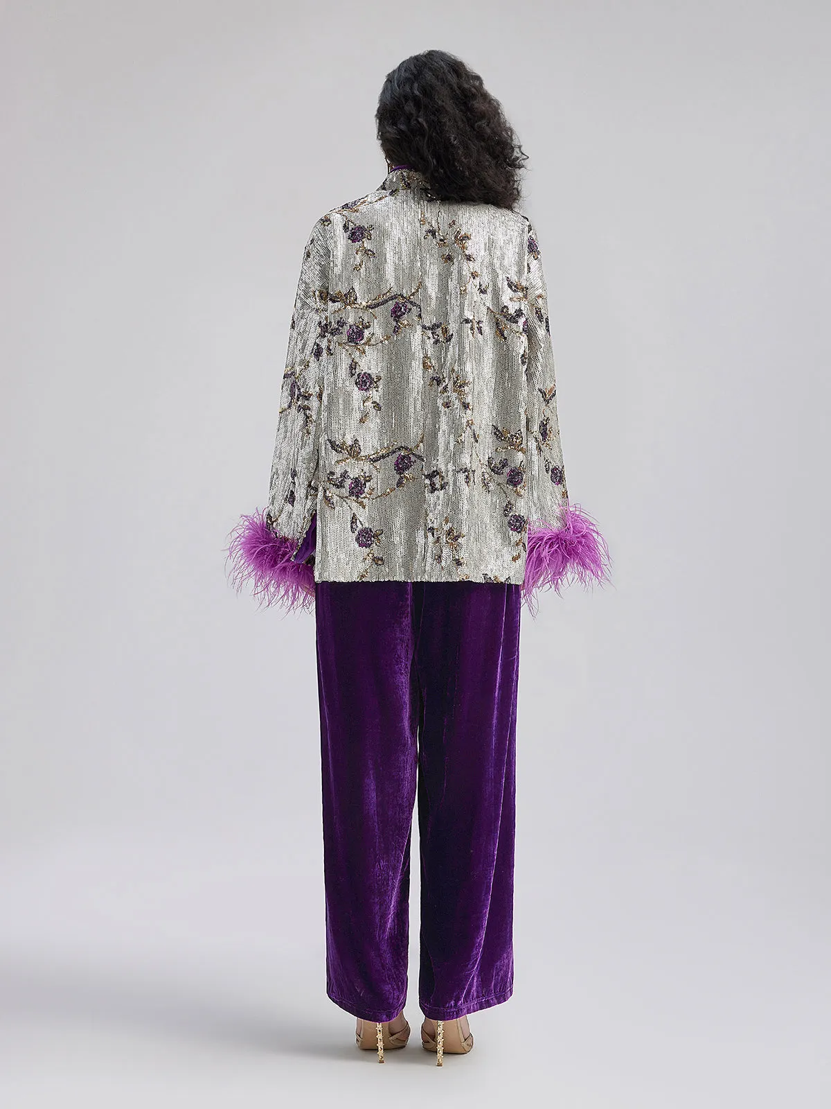 Oriental-Inspired Sequin Removable Feather Jacket