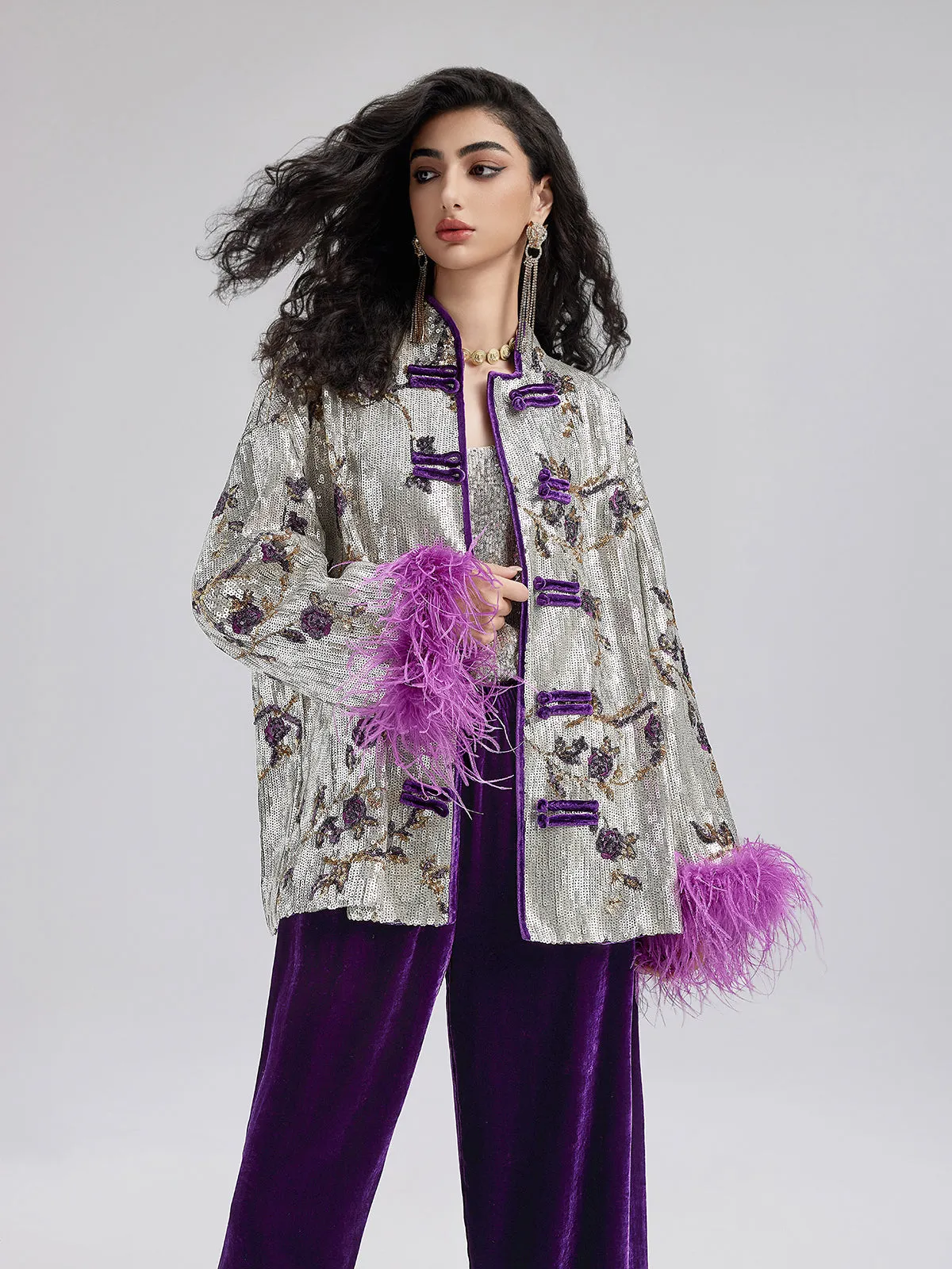 Oriental-Inspired Sequin Removable Feather Jacket