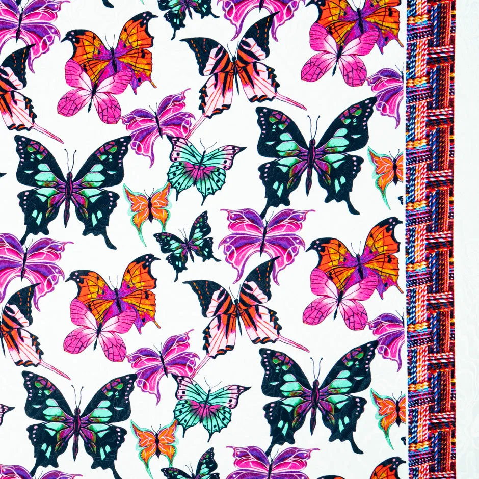 Pink & Orange Butterfly Printed Silk Jacquard