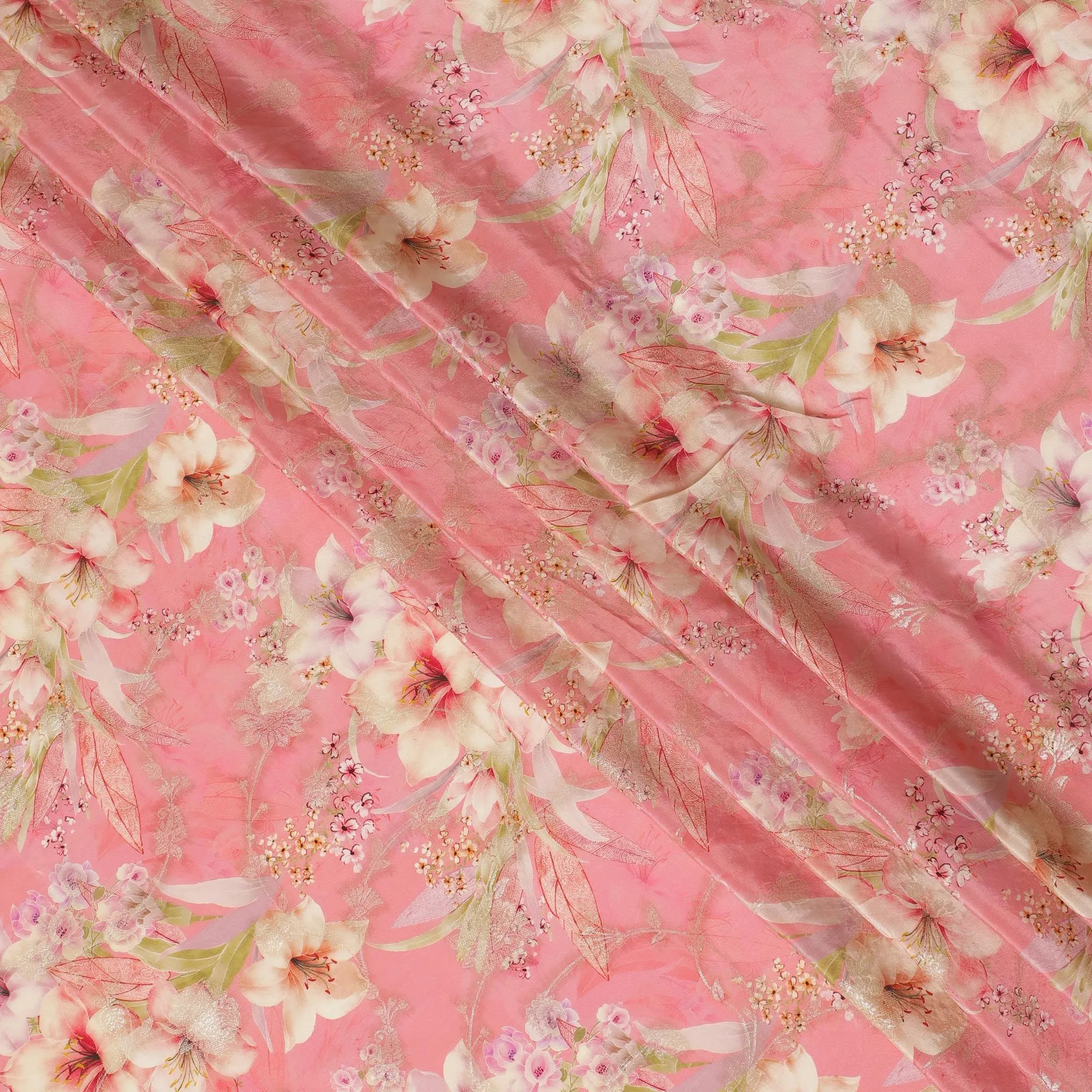 Pink Elegance Viscose Crepe Fabric - Delicate Floral Print with Sequin Details, 110cm Wide-D18721