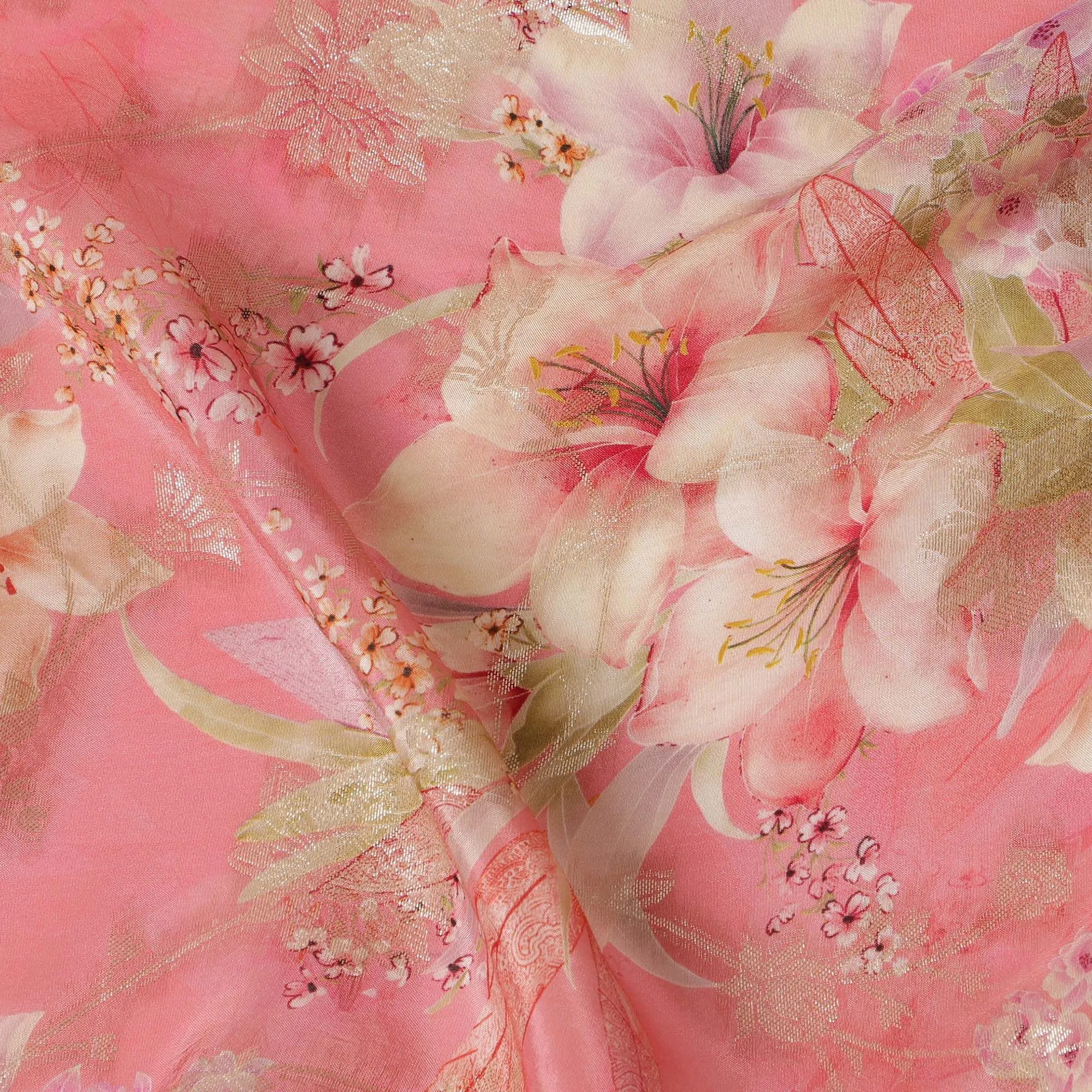 Pink Elegance Viscose Crepe Fabric - Delicate Floral Print with Sequin Details, 110cm Wide-D18721