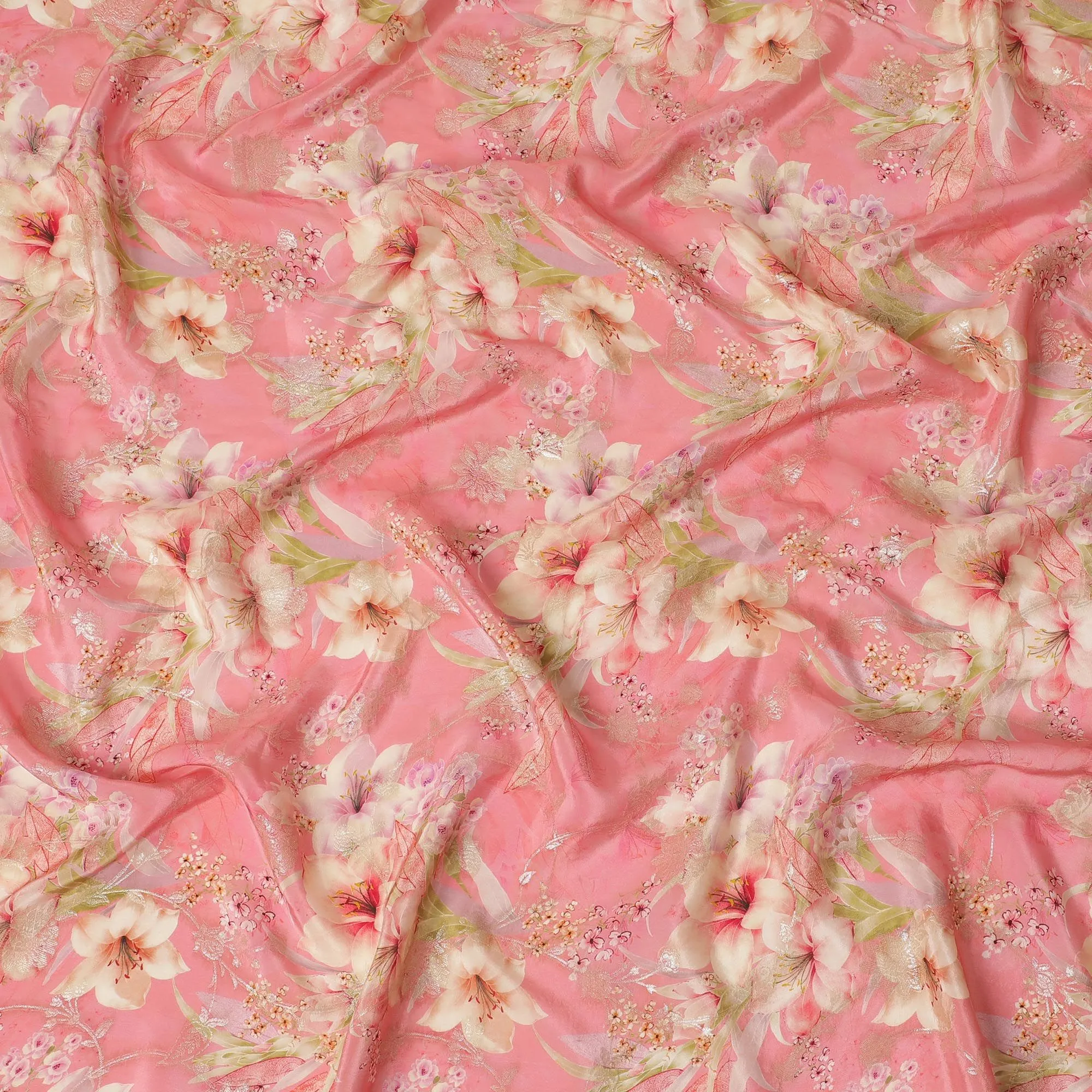 Pink Elegance Viscose Crepe Fabric - Delicate Floral Print with Sequin Details, 110cm Wide-D18721