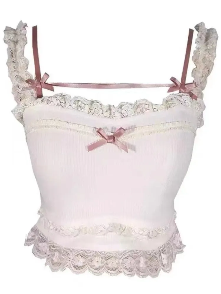 Pink Japanese Kawaii Lolita Crop Top Women White Korean College Style Sweet Tank Top Bow Lace France Princess Vset Female