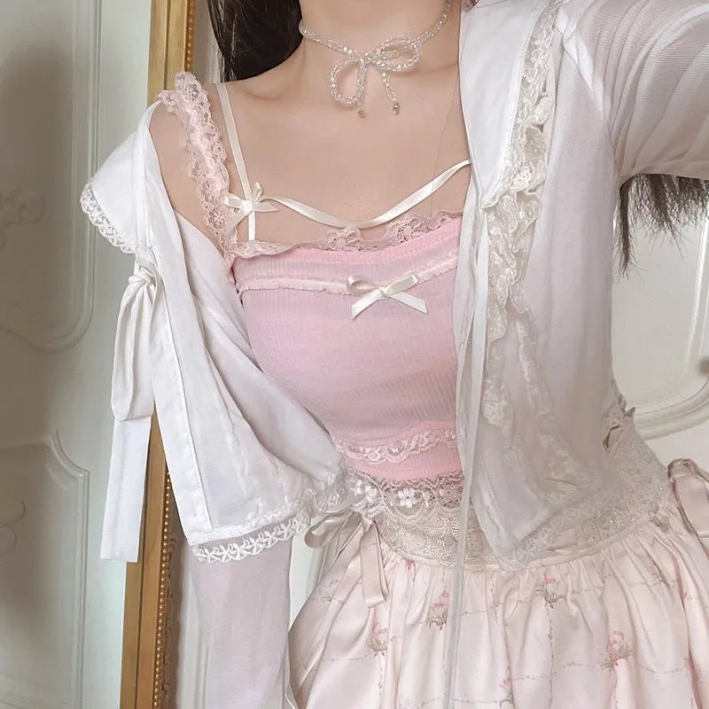 Pink Japanese Kawaii Lolita Crop Top Women White Korean College Style Sweet Tank Top Bow Lace France Princess Vset Female