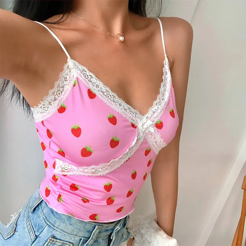 Pink Sweet Style Cute Crop Top Lace Edge Streetwear Strawberry Pattern Sleeveless