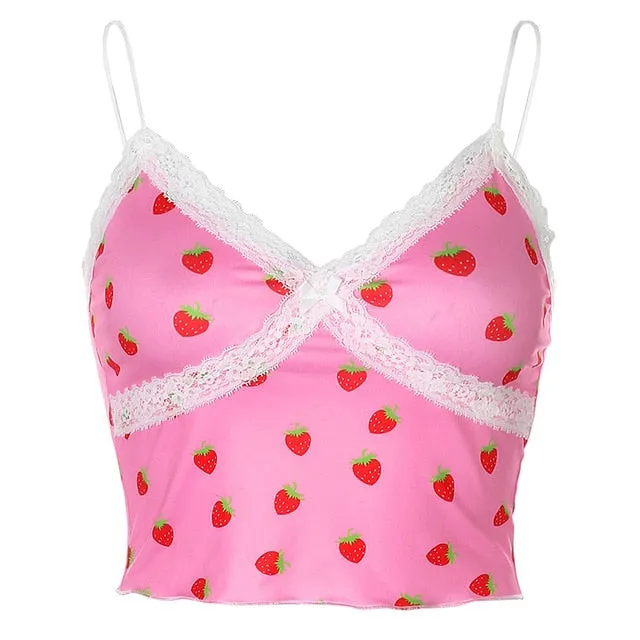 Pink Sweet Style Cute Crop Top Lace Edge Streetwear Strawberry Pattern Sleeveless