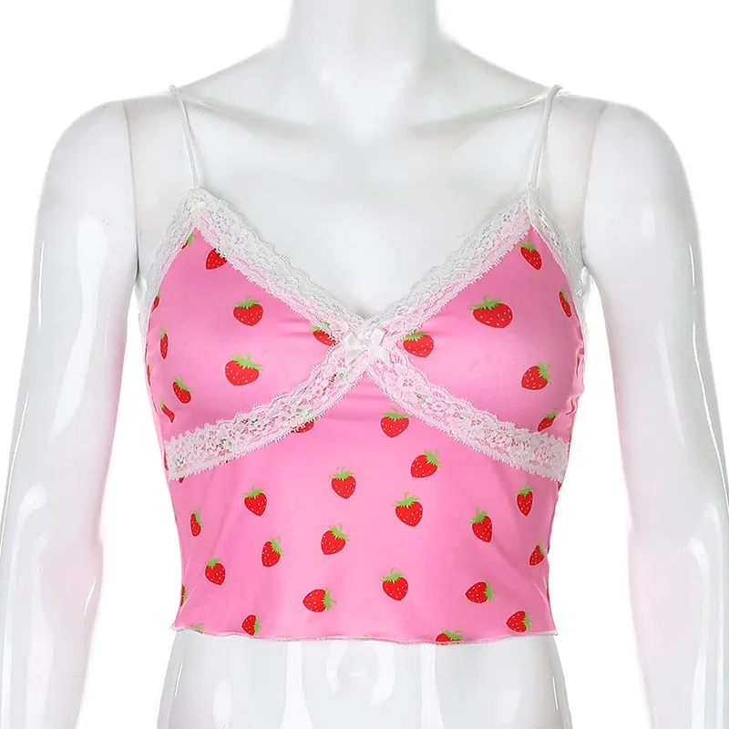 Pink Sweet Style Cute Crop Top Lace Edge Streetwear Strawberry Pattern Sleeveless