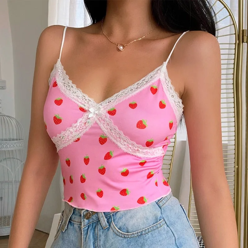 Pink Sweet Style Cute Crop Top Lace Edge Streetwear Strawberry Pattern Sleeveless