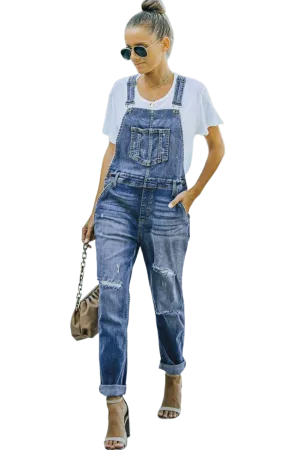 Pocketed Distressed Denim Overalls