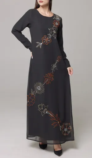 Saman Embroidered Chiffon Modest Long Maxi Dress - Black - PREORDER (ships in 2 weeks)