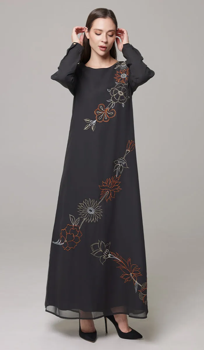 Saman Embroidered Chiffon Modest Long Maxi Dress - Black - PREORDER (ships in 2 weeks)