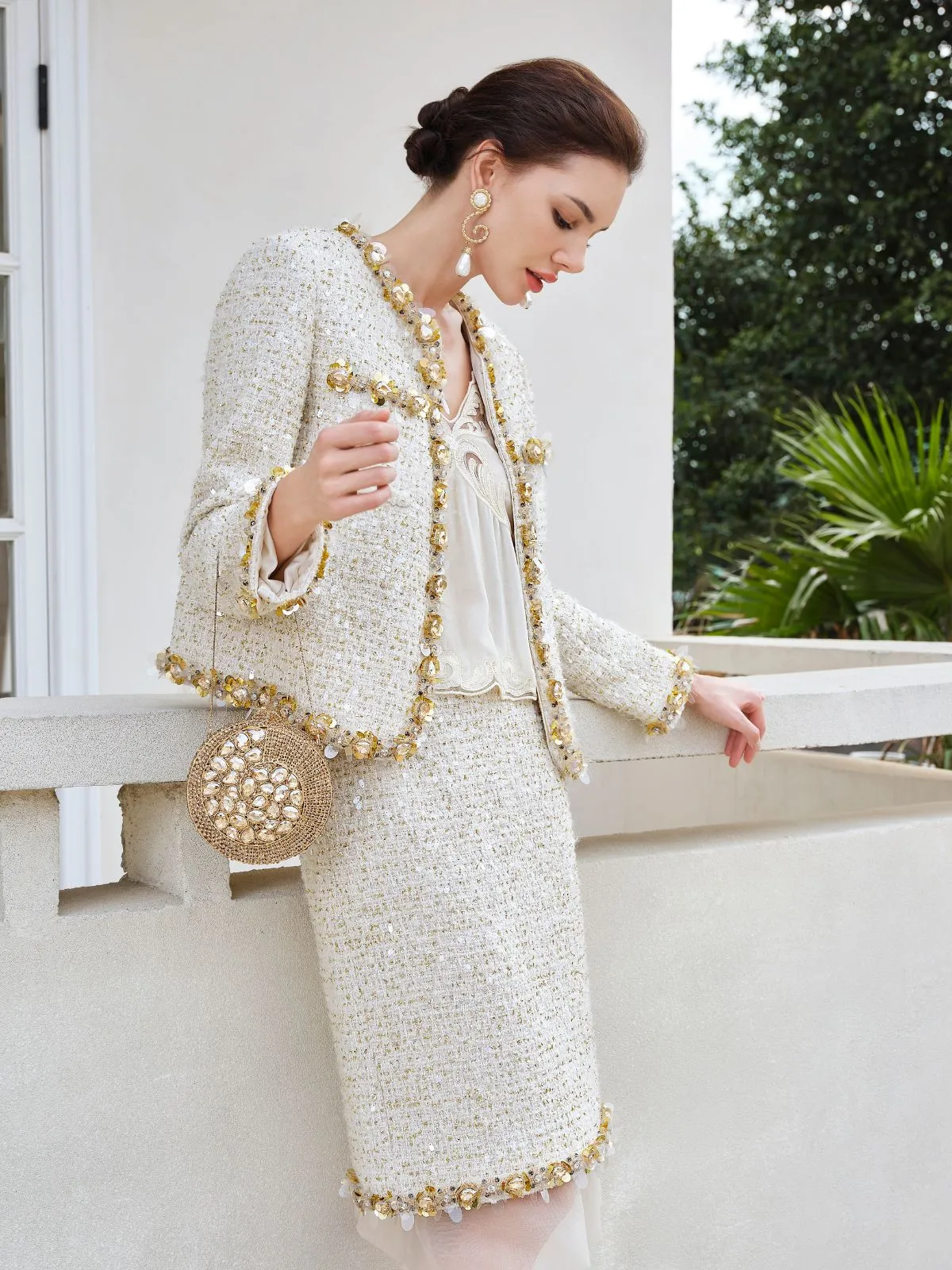 Sequin Trimmed French Tweed Short Jacket