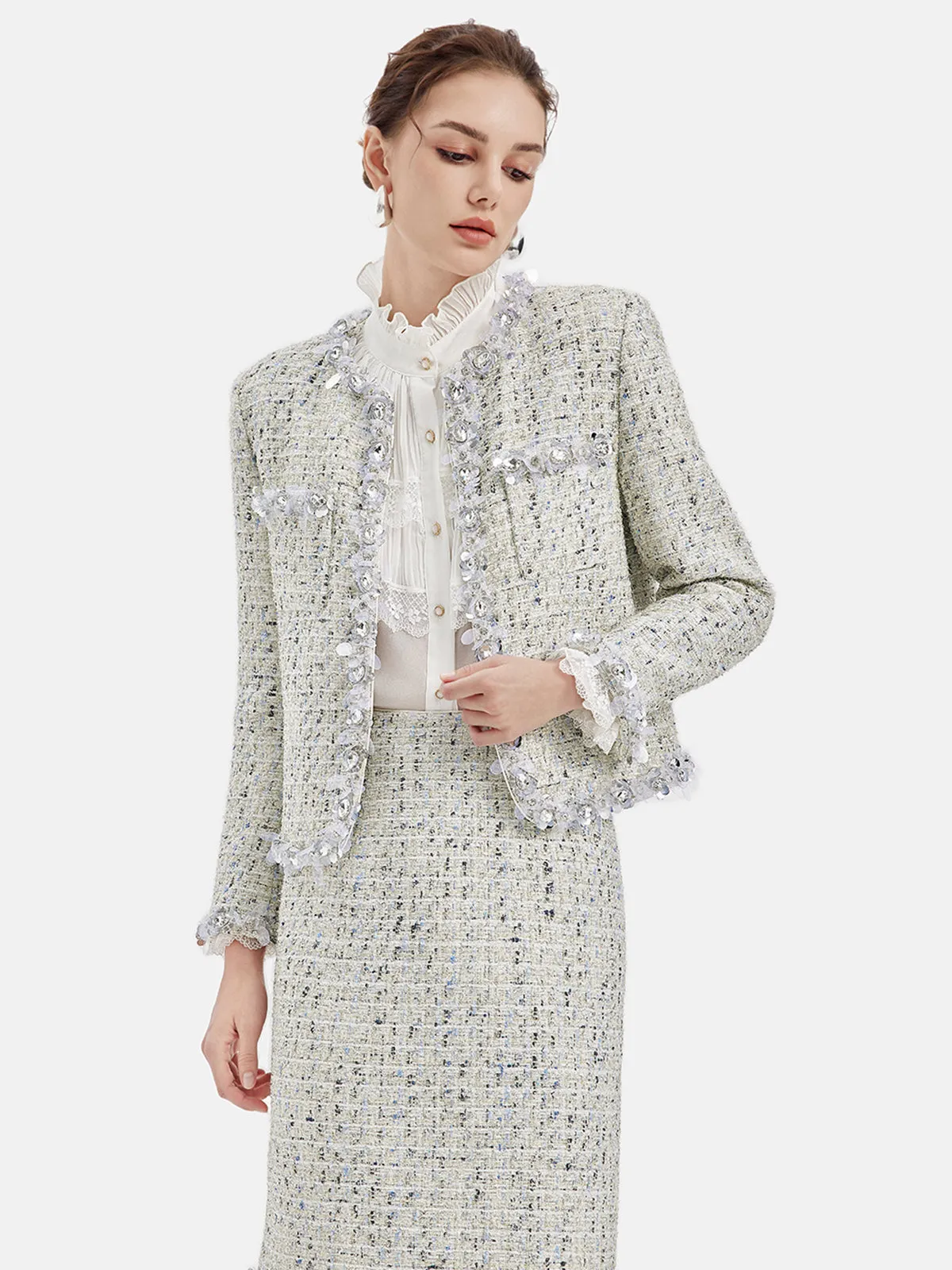 Sequin Trimmed French Tweed Short Jacket