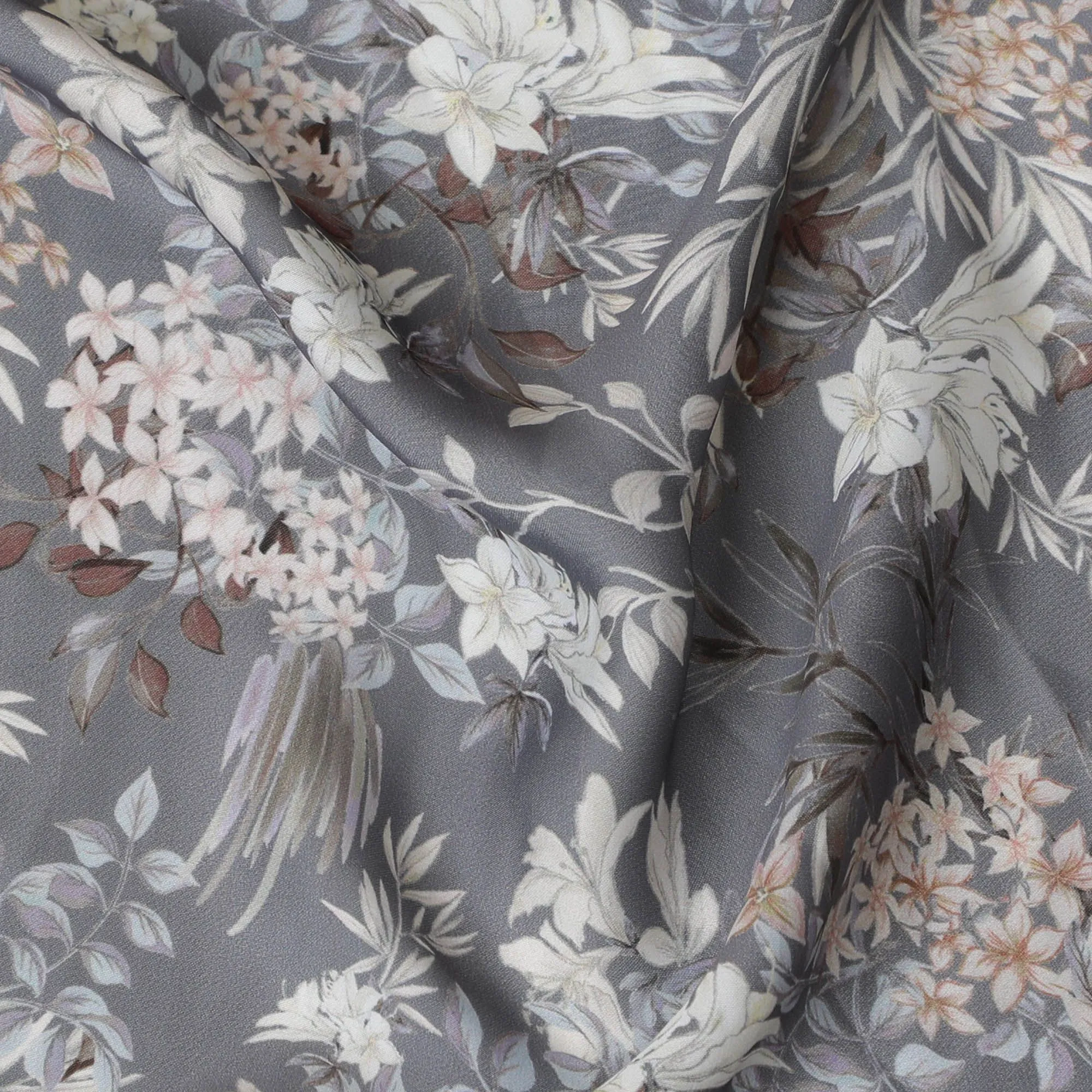 Serene Meadow Floral Modal Satin Fabric - 110cm Wide, Soft Gray Botanical Print from India-D18527