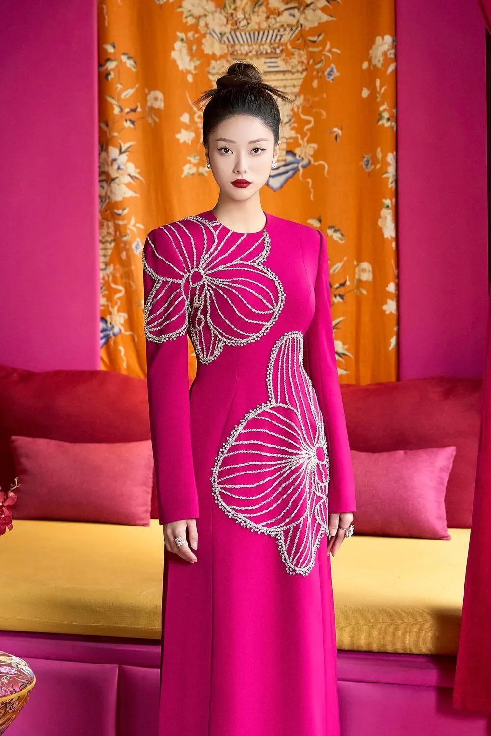 Shimmer A-line Round Neck Velvet Satin Floor Length Ao Dai