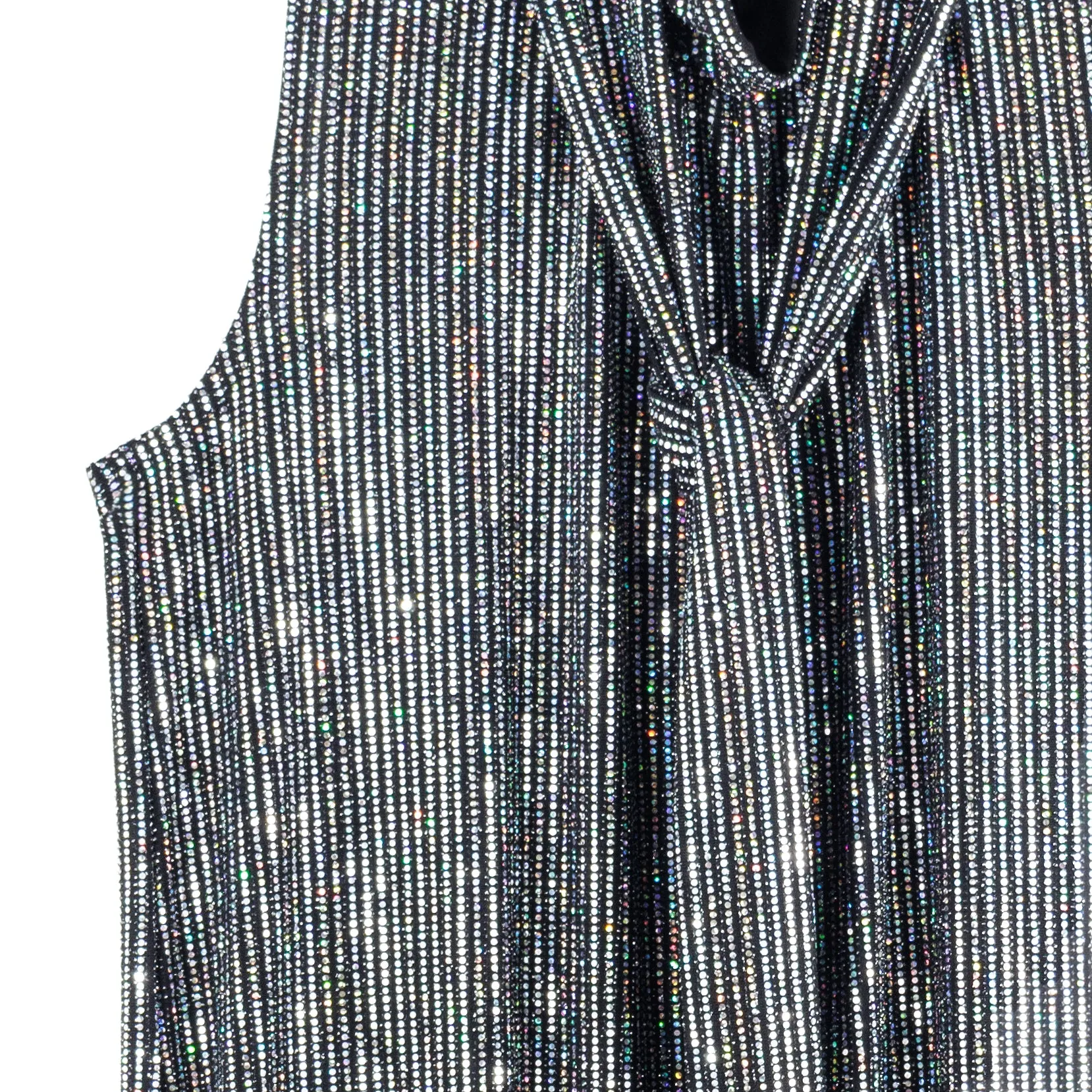 Shimmer Sequin - Mock Neck-Tie Detail Top - Silver Pinstripe