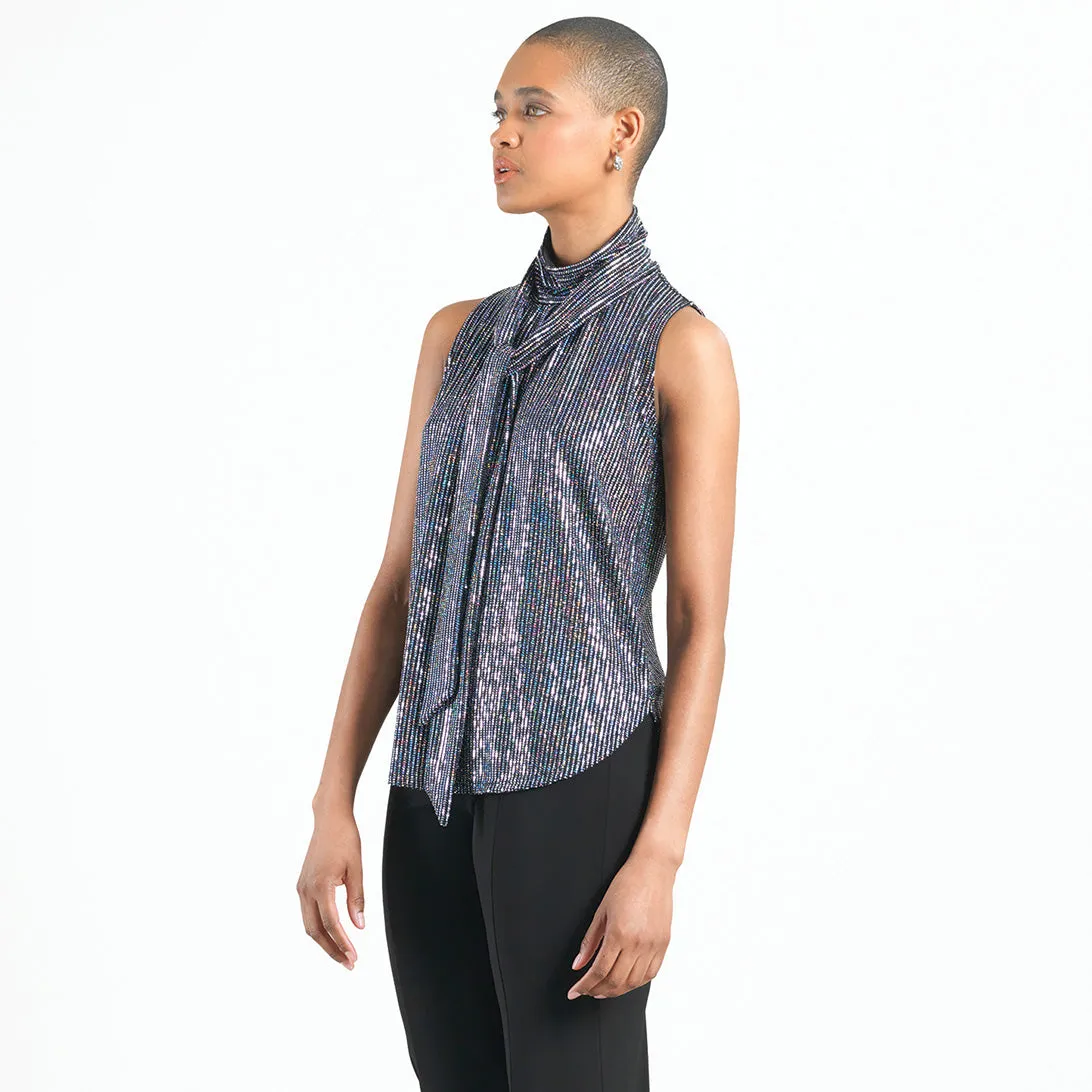 Shimmer Sequin - Mock Neck-Tie Detail Top - Silver Pinstripe