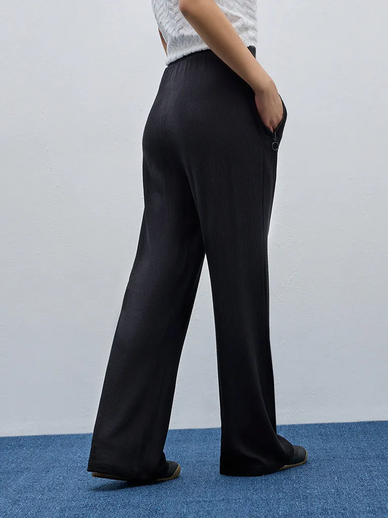 Studiofit Black Ribbed High-Rise Track Pants