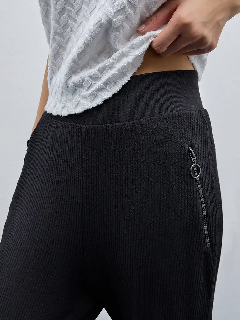 Studiofit Black Ribbed High-Rise Track Pants