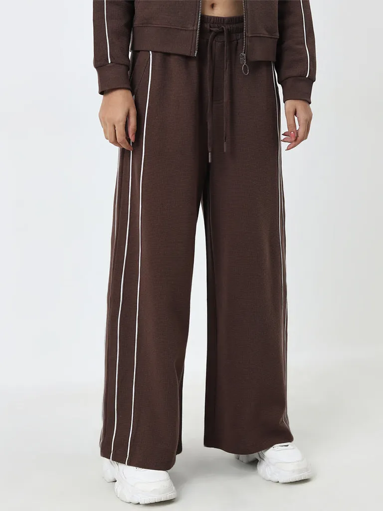 Studiofit Brown Waffle-Texture High-Rise Cotton Track Pants