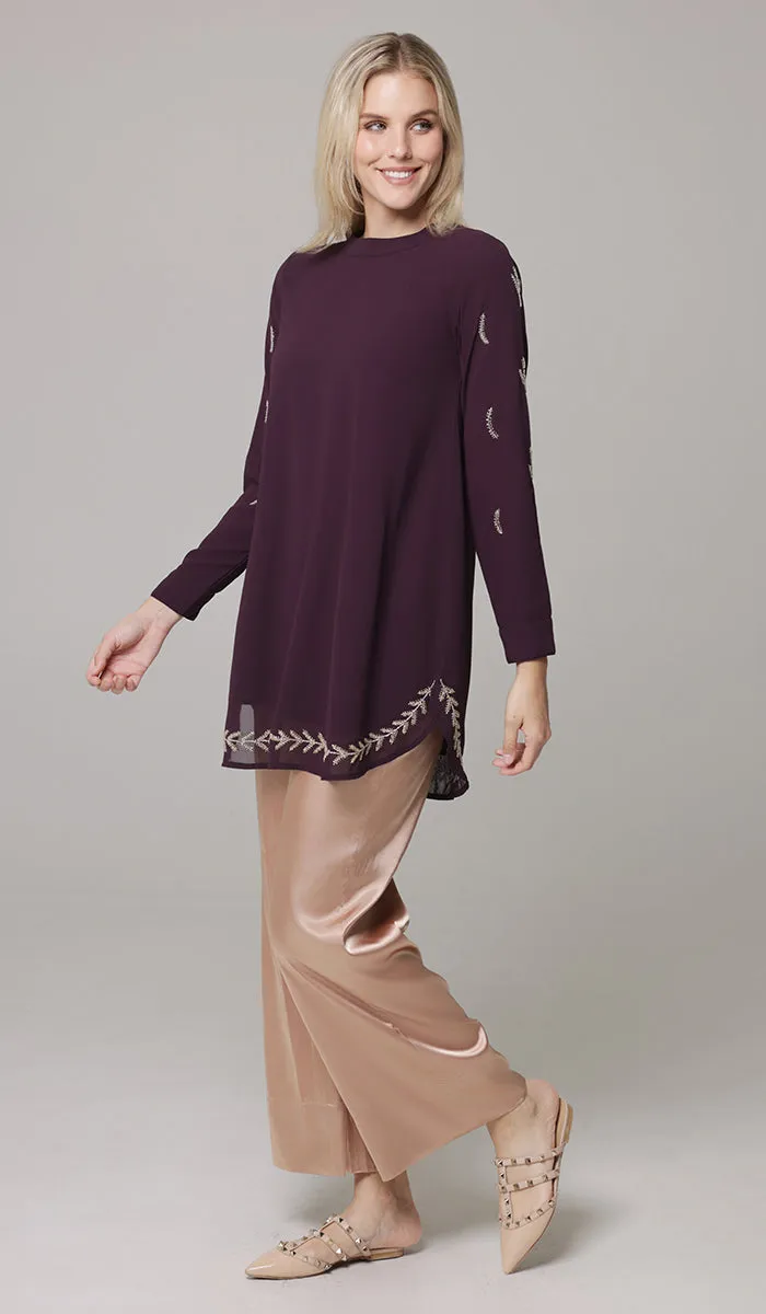 Tazeen Chiffon Formal Embroidered Long Modest Tunic - Plum - PREORDER (ships in 2 weeks)