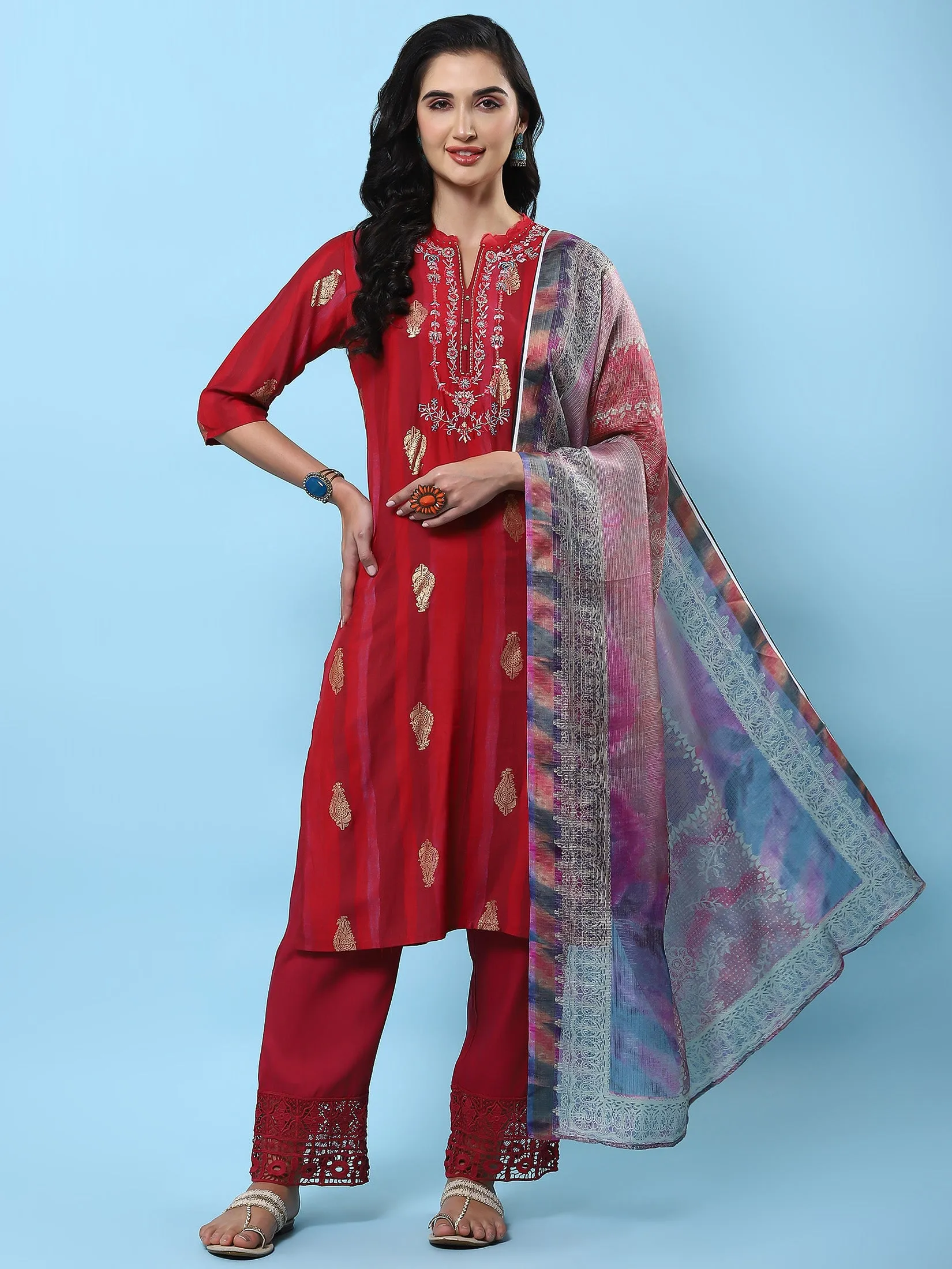 Women Pink Embroidered Kurta Comfort Pant Dupatta