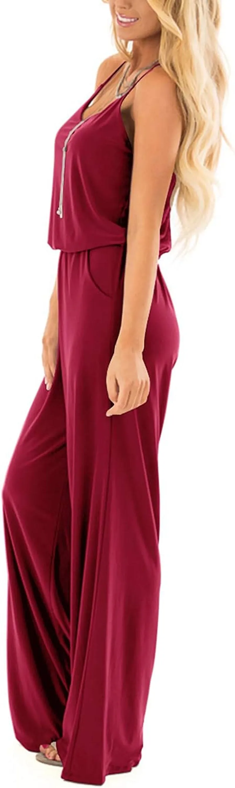 Women Summer Sleeveless Spaghetti Strap Sexy Jumpsuit Rompers Wide Leg Pants Suit