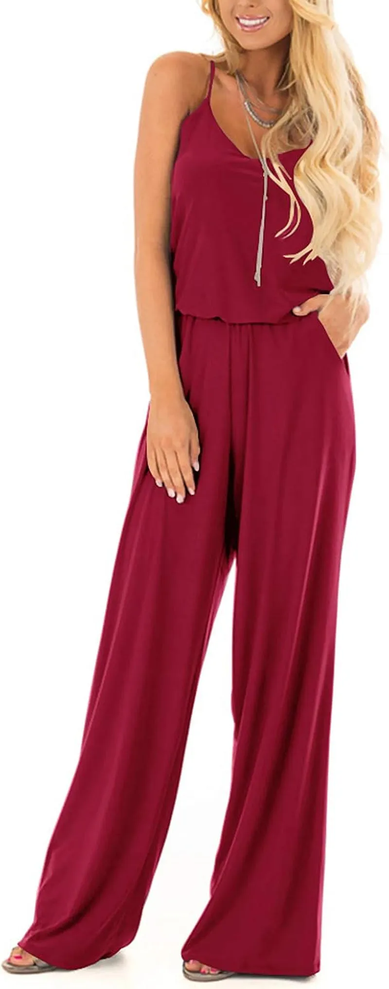 Women Summer Sleeveless Spaghetti Strap Sexy Jumpsuit Rompers Wide Leg Pants Suit