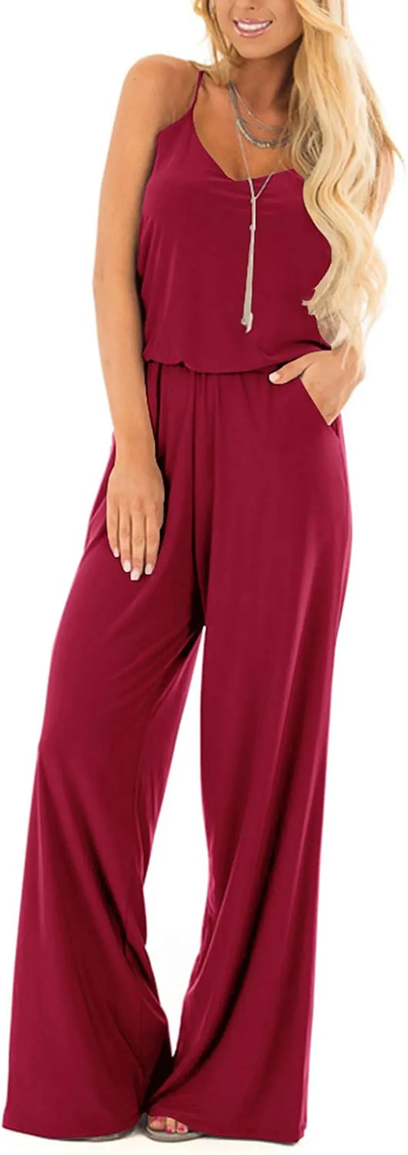 Women Summer Sleeveless Spaghetti Strap Sexy Jumpsuit Rompers Wide Leg Pants Suit