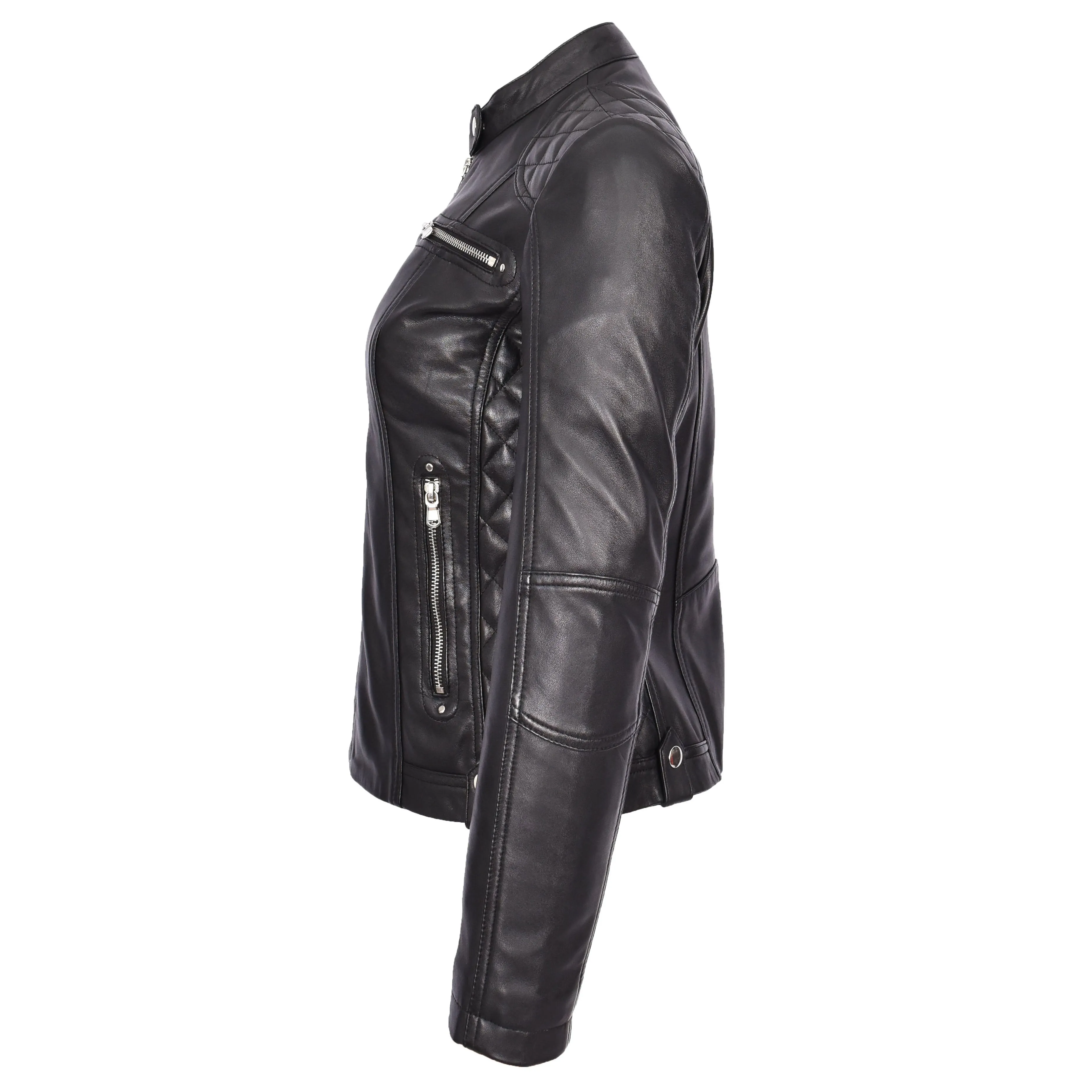 Womens Soft Black Leather Biker Jacket Fitted Quilted Casual Cafe Racer Style Zip Fasten Fiona