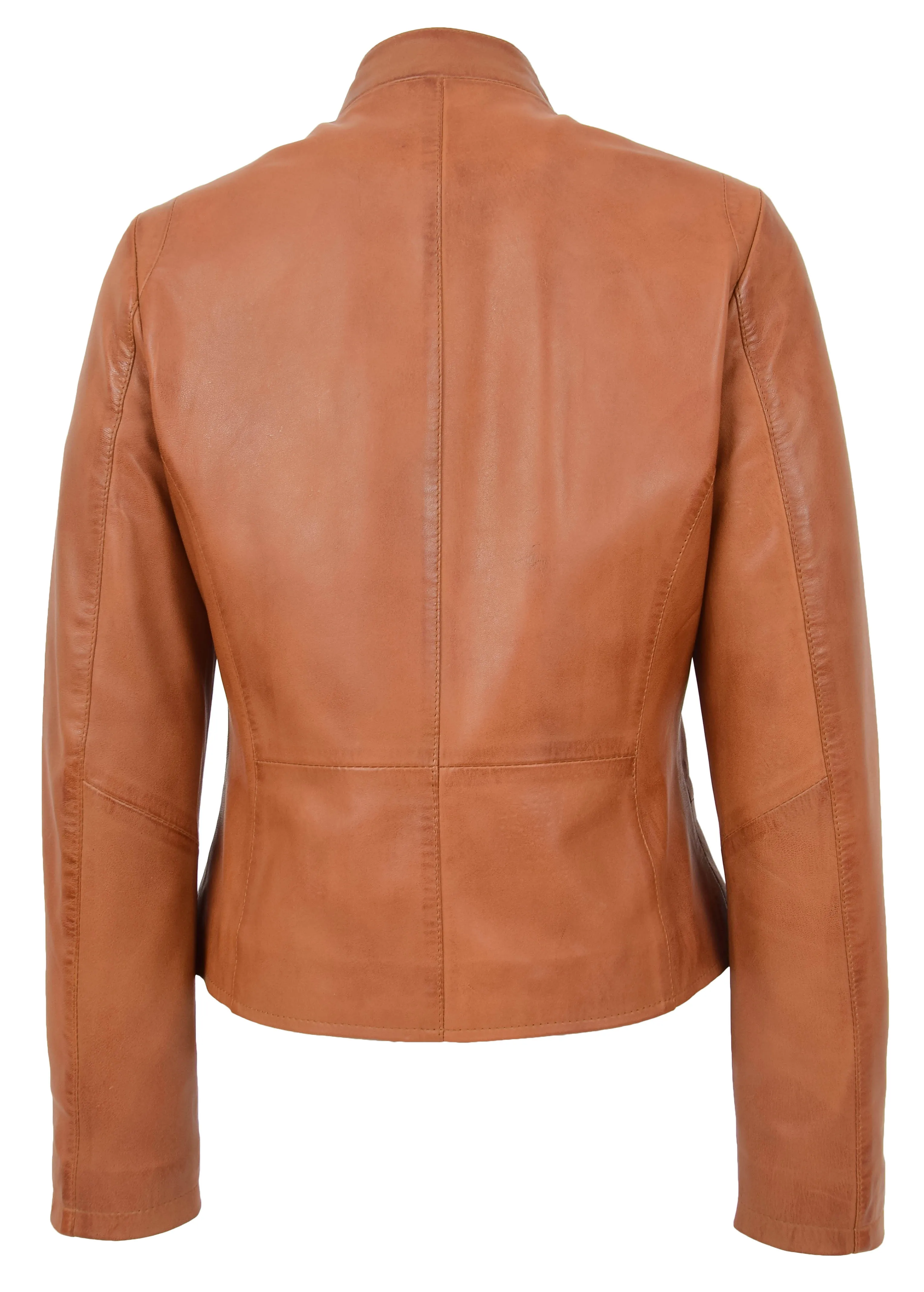 Womens Soft Cognac Leather Biker Jacket Stand-Up Band Collar Bliss